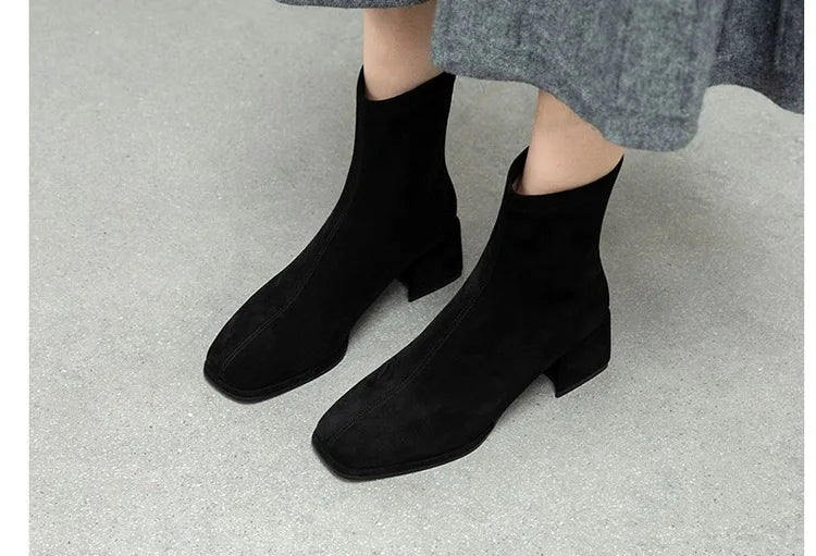 2023 Autumn/Winter New Square Headed Suede Short Boots Women's Boot with Thick Heels and Mid Heel Single Boots