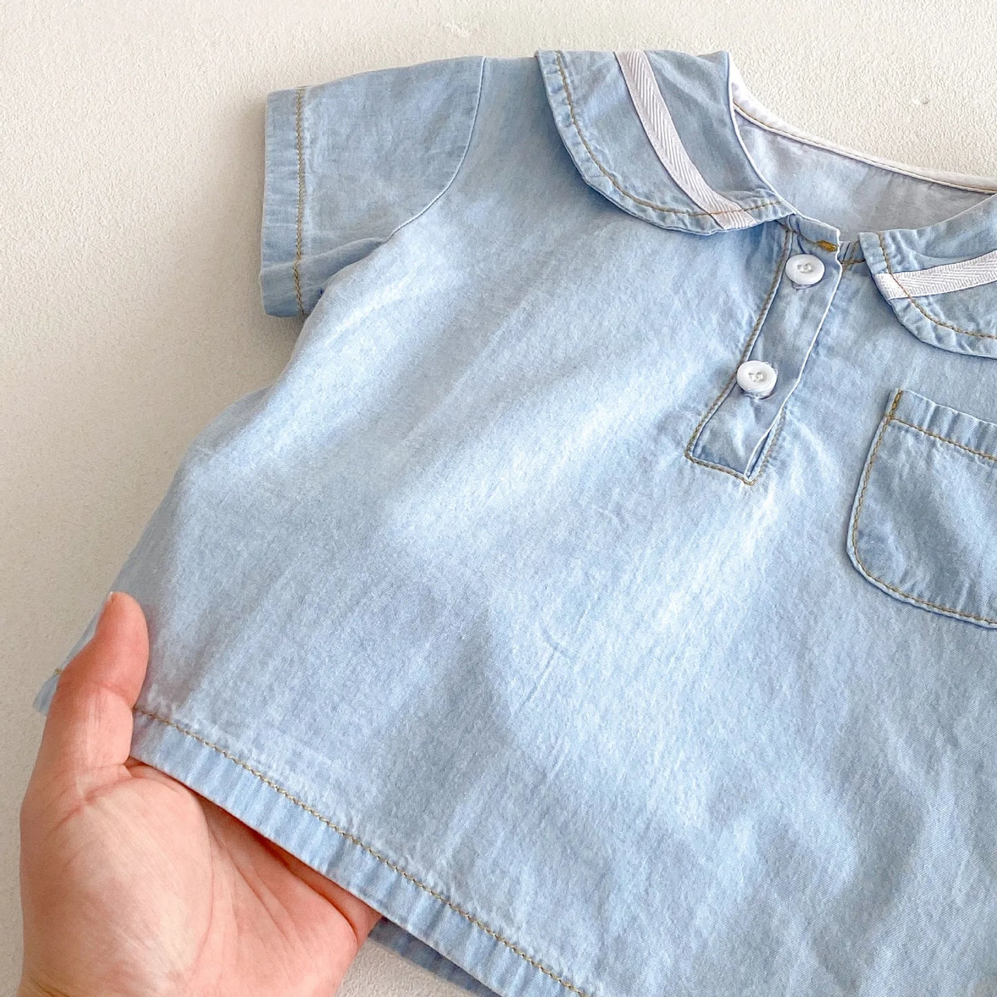 2025 Summer New  Korean Style Baby Short Sleeve Denim Set Sailor Collar Sleeve T-shirts Top Tees+Kid Shorts  two-piece set  0-4T
