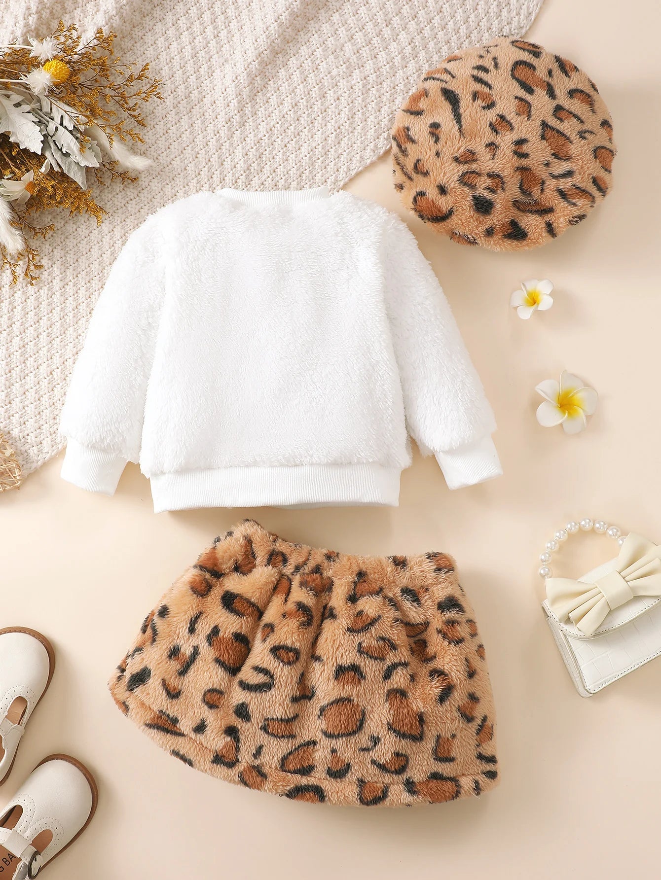 Winter 3PCS Baby Girl Clothes Sets Long Sleeved Plush Cute Top+Leopard Print Skirt+Hat Fashion Outfits for 0-3Years Toddler Girl