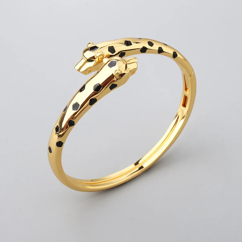 Luxury Fashion Cuff Bangle Charm Bracelet Brass Silver Color Czech Green Eyes Double Leopard Women Jewelry Gift New Arrivals