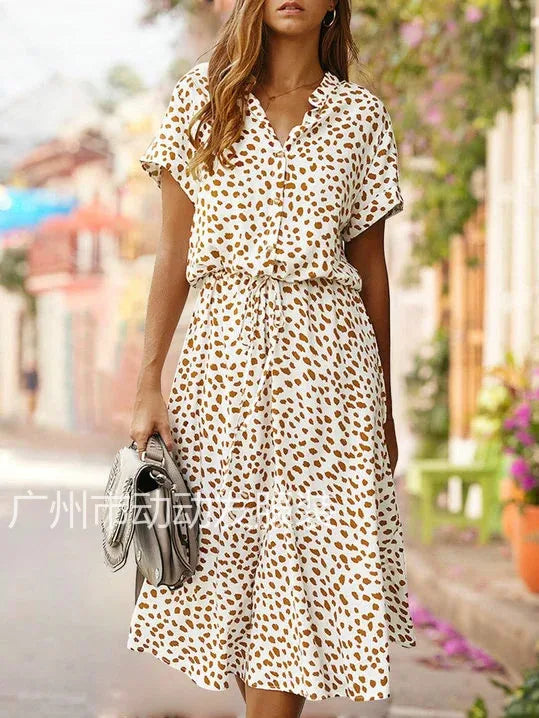 New Fashion Women's Polka Dot Print Short Sleeve Midi Dress Cotton Summer New Arrival Knee-Length Stand Collar Regular Waist
