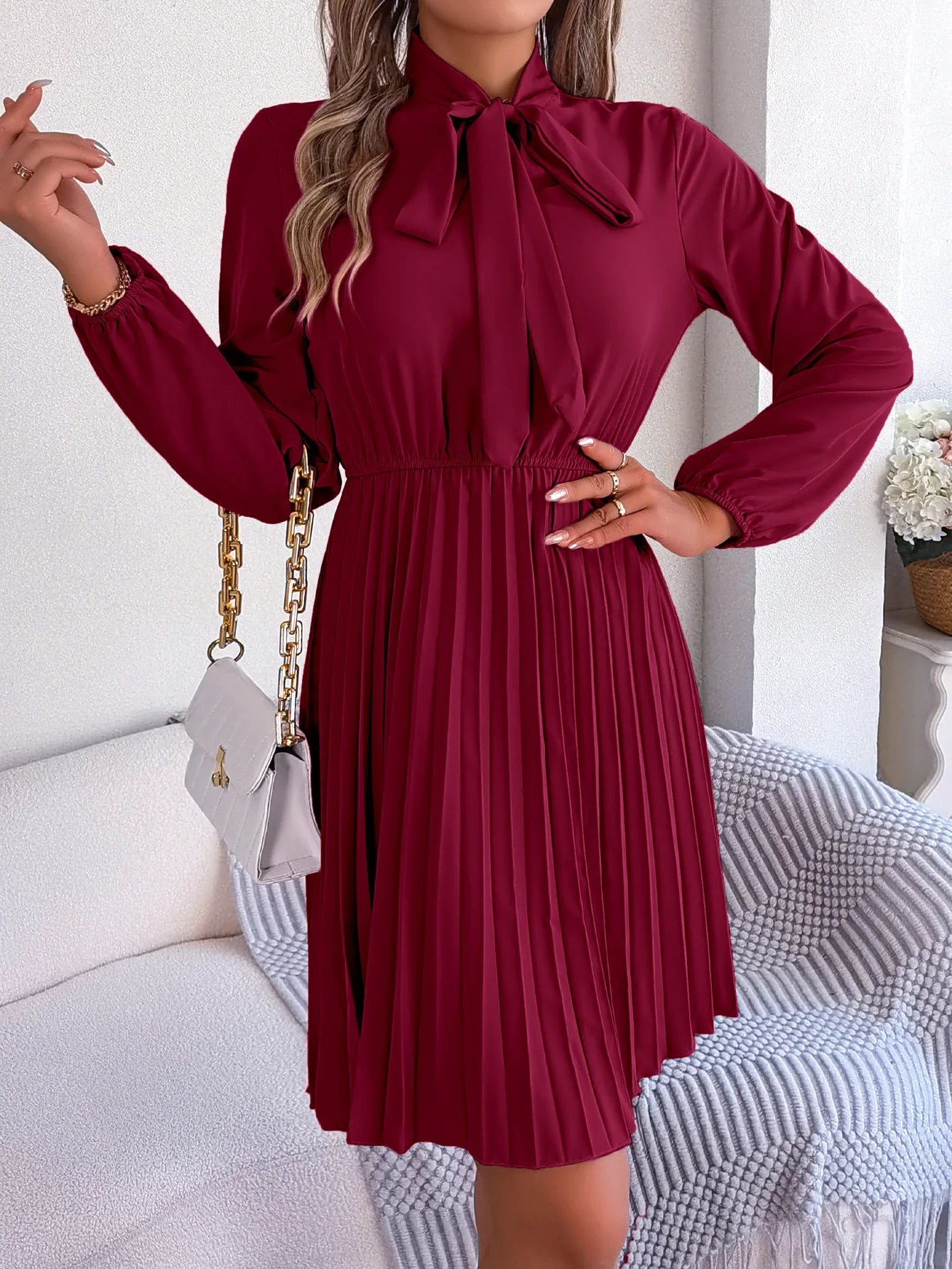 Women Fall Vacation Elegance V Neck Solid Tie Waist Ruffle Hem Pleated Midi Dress Long Sleeve Wedding Dress