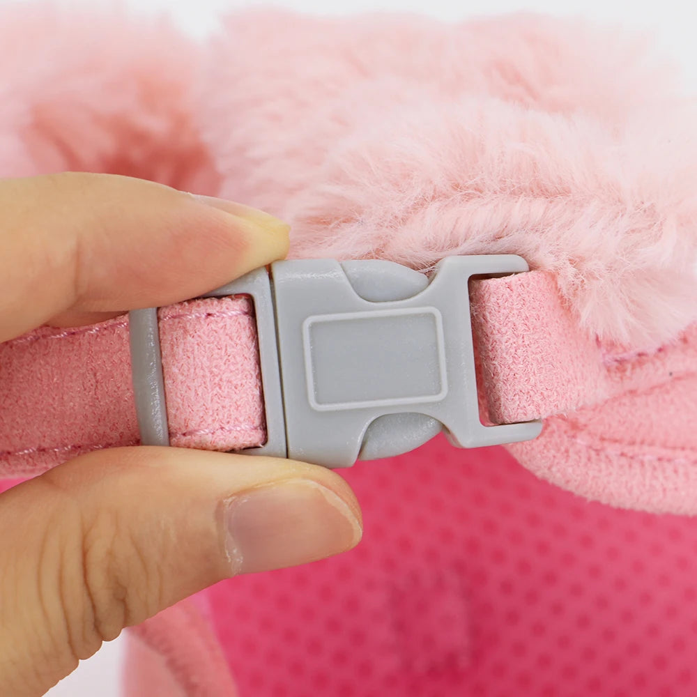 Soft Warm Dog Vest Harness and Leash Set Cute Bowknot Pet Winter Clothes Vest Warm Fur Small Dog Clothing French Bulldog Pink