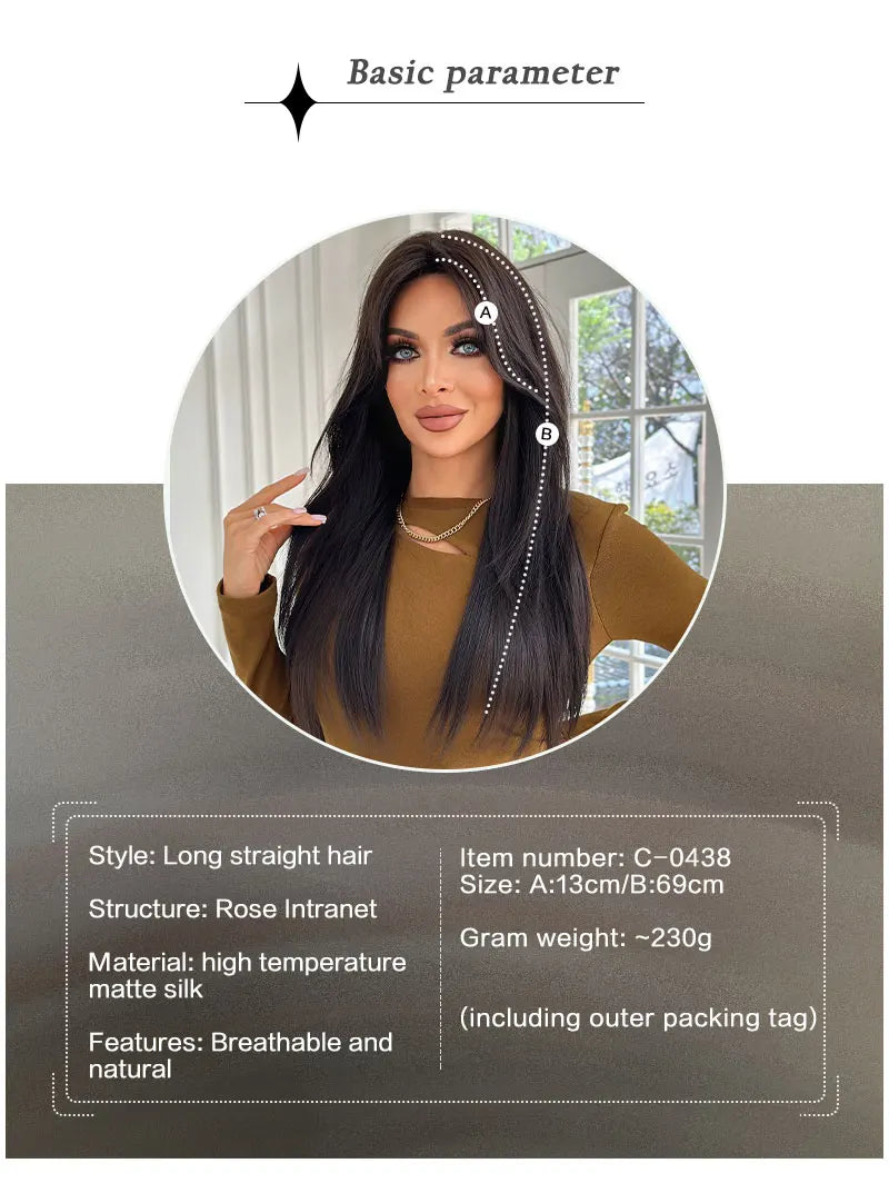 Long Straight Dark Brown Wig High Density Synthetic Middle Part Wigs with Curtain Bangs for Women Daily Party Use