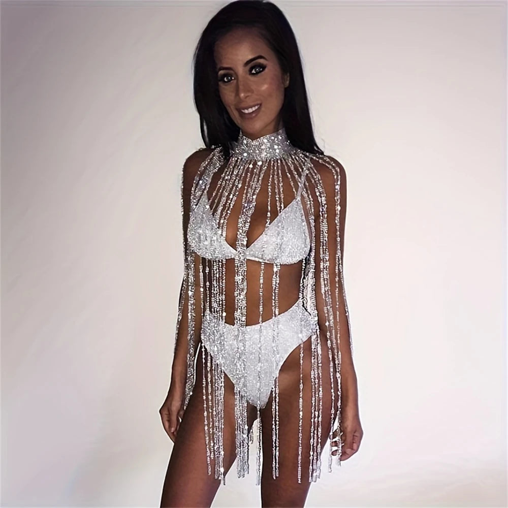 Women's Luxury Sparkling Chest Chain Rhinestone Crystal Long Tassel Bra Chain Sexy Hollow Chest Chain Top Sexy Dress Chain
