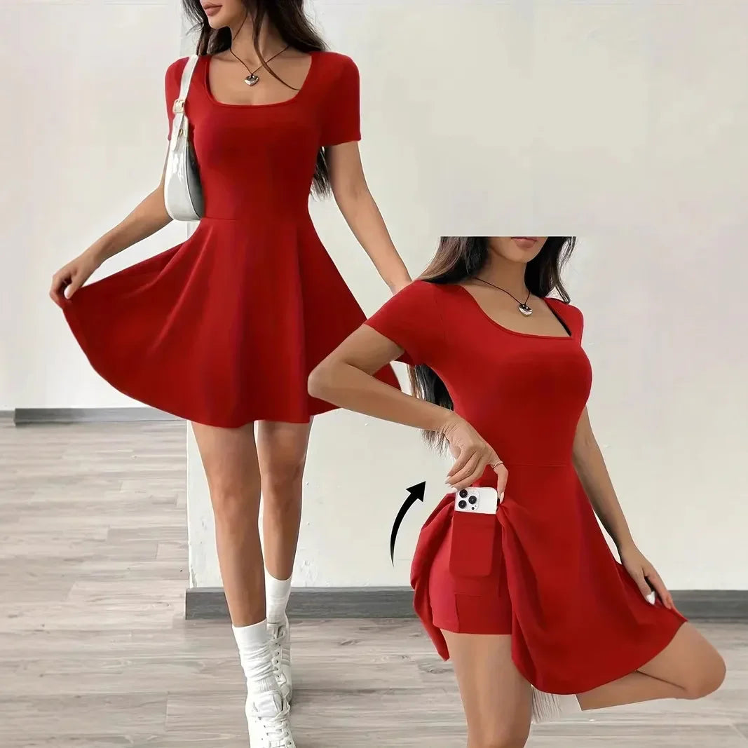Summer 2025 Brown Knitted Short Casual Dress Mini Skirt Length Polyester Fiber Square Collar Empire Waistline Regular Sleeve