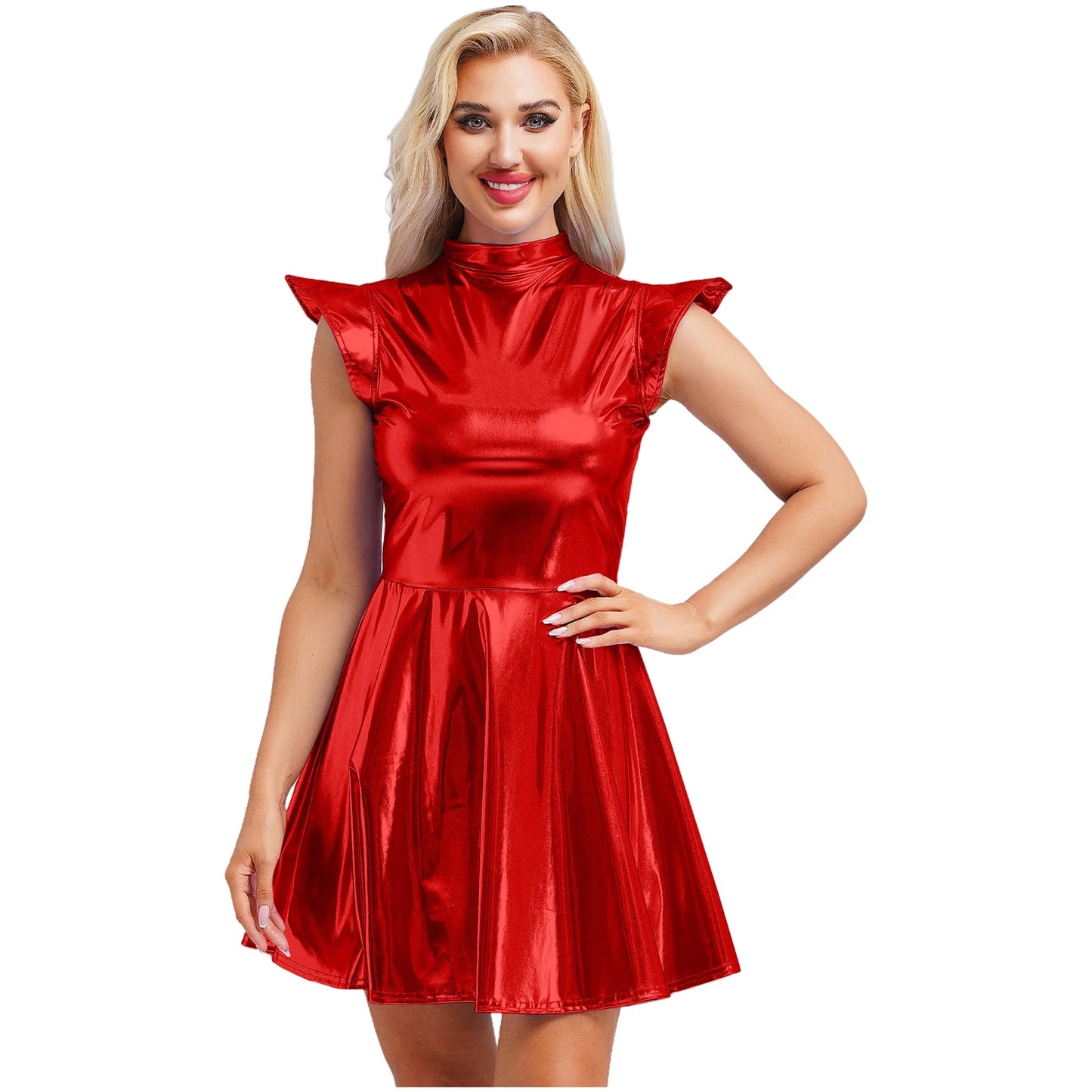 Womens High Waist A-line Dress Shiny Metallic Mock Neck Cap Sleeve Dress Modern Pole Dance Rave Party Bar Club Wear Street Wear
