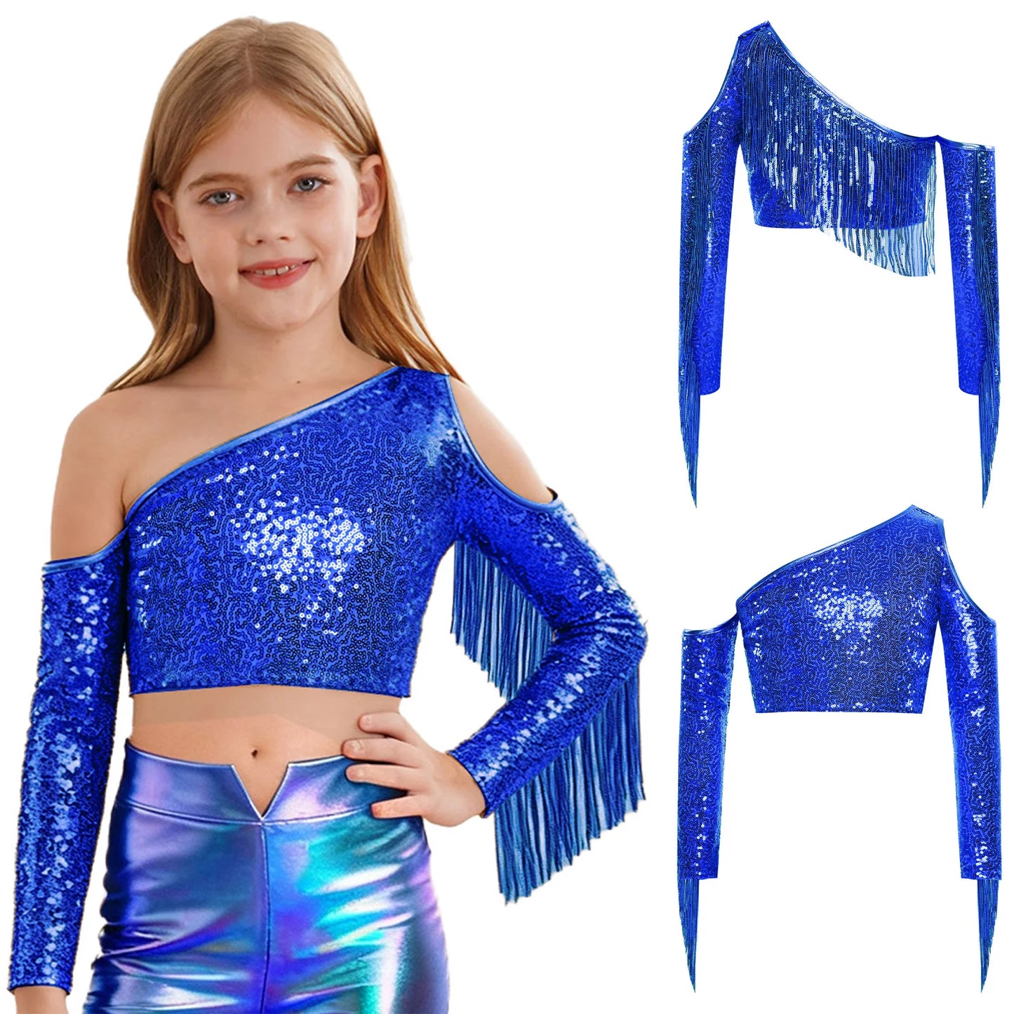 Children's One Shoulder Tassels Tops Streetwear Kids Girls Sequins Crop Top T-shirts Fashion Shiny Stage Performance Costume