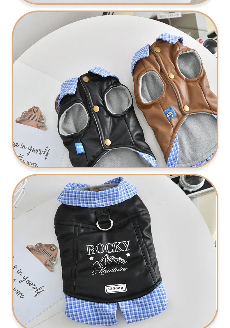 Leather Pitbull Costumes For Small Medium Size Breed Dog With Plaid Shirt Collar Winter Warm Pet Harness Coat Jacket Puppy Wear
