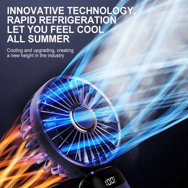 Handheld Mini Electric Fan Foldable Portable Neck Hanging Fans 5 Speed USB Rechargeable Fan With LED Display Screen Phone Stand