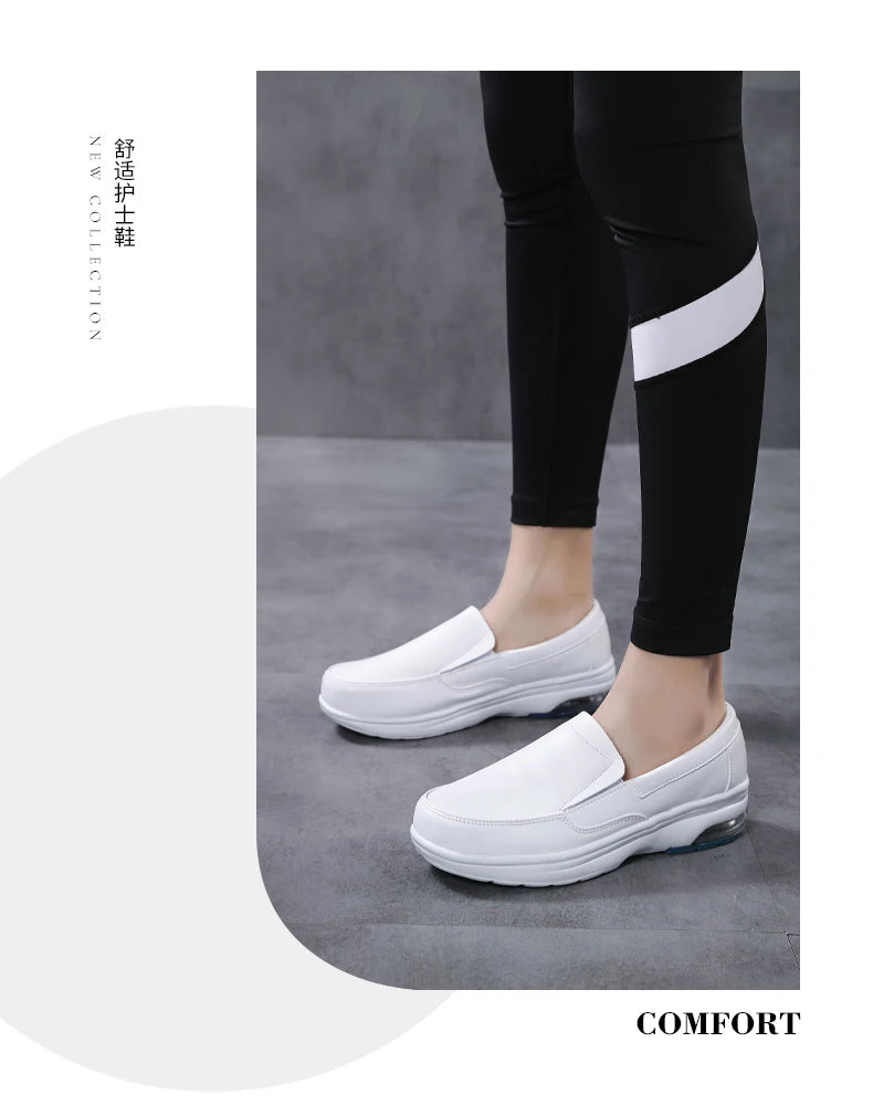 Professional White Leather Hospital Work Shoes Four Seasons Comfortable Breathable Nurse Shoes Women's Thick Base Single Shoes