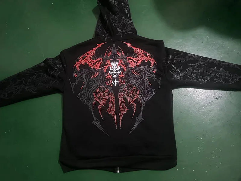 Men Gothic Skull Thorn Graphic Full Zip Up Hoodie Fleece Lined Long Sleeve Winter Punk Goth Streetwear Oversized Sweatshirt
