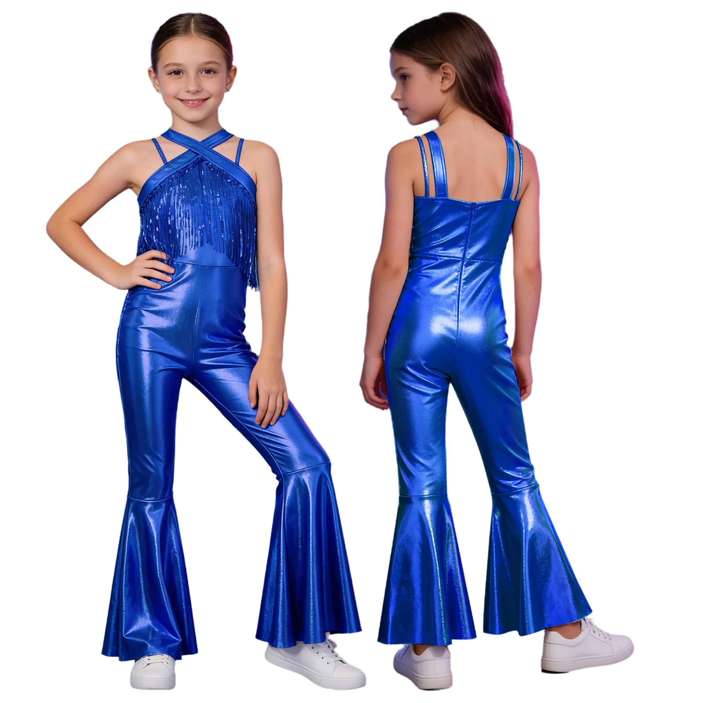 Kids Girls Hippie Halloween Costume Tassels Unitard Bell-bottom Long Pants Bodysuit Jumpsuit Disco Dance 60s 70s Rave Party Wear
