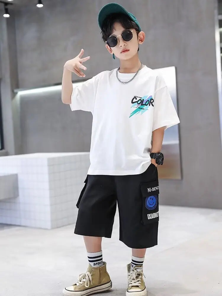 Summer 100% Cotton Boys Blue T-shirt Cool Graffiti Printed Girls Tees Short Sleeve Children Tops High Quality Kids Clothes 2024