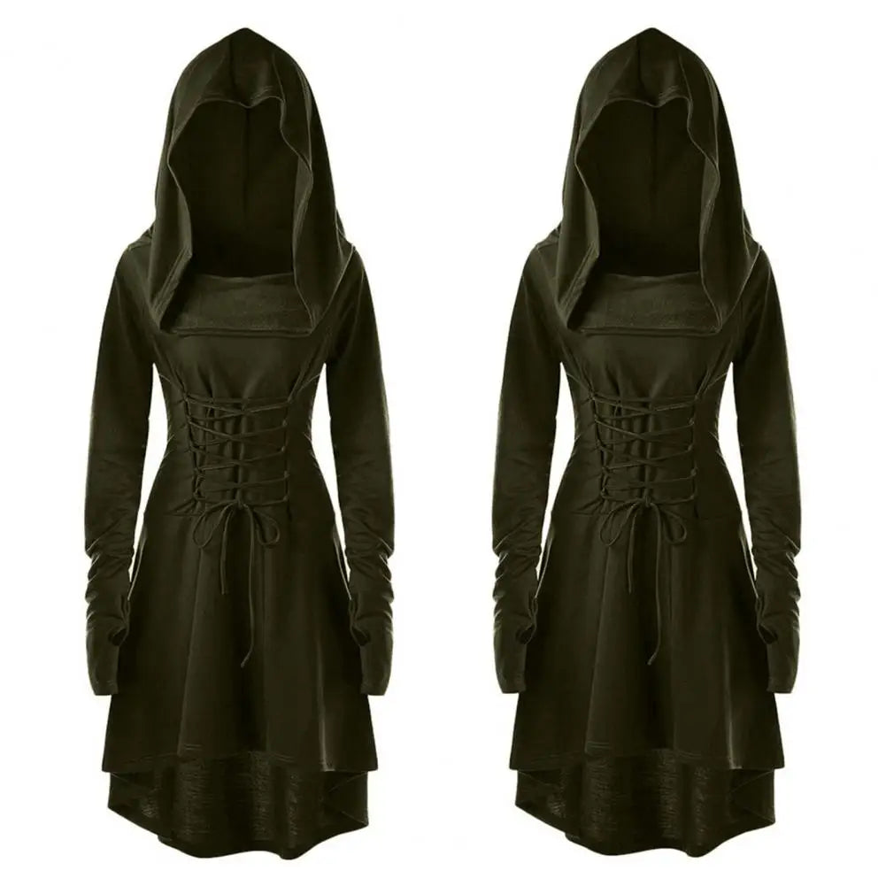 Women Milk Silk Dress Hooded Long Sleeves Lace-up Strap Slim Waist Irregular Hem Women Midi Dress Festival Party Halloween Dress