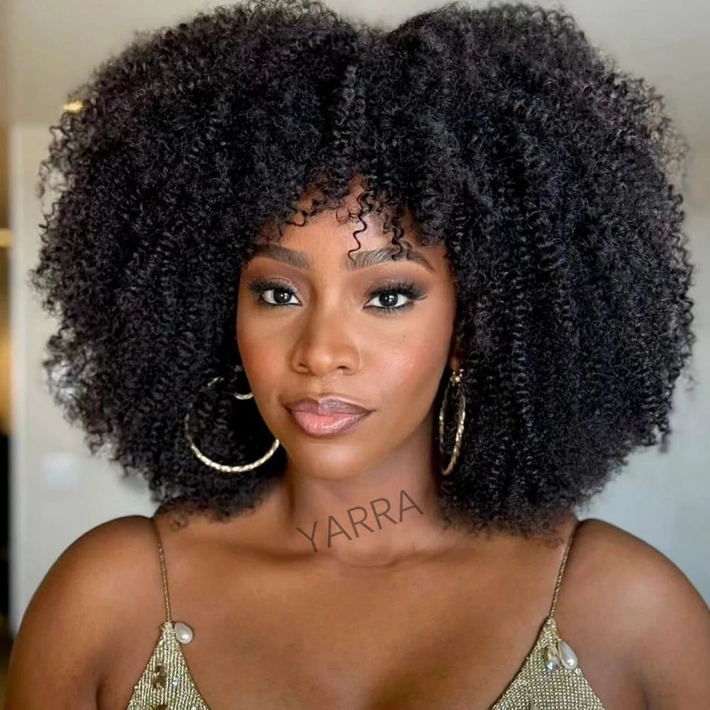180 250 Density Afro Kinky Curly Human Hair Wigs With Bang For Black Women Brazilian 100% Human Hair Remy Full Machine Made Hair