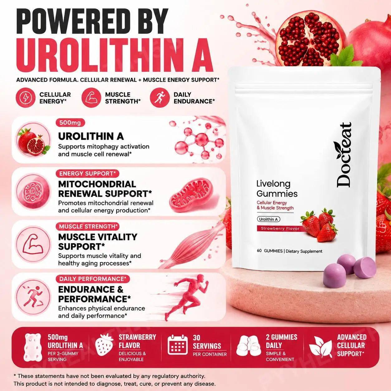 Docteat Urolithin A Gummies 500mg per Serving, Strawberry Flavor Daily Cellular Wellness Support, 60 Gummies for Men Women