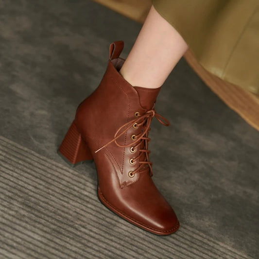 New Autumn/Winter Women Boots Cow Leather Fashion Women Shoes Square Toe High Heel Shoes for Women Lace Up Modern Short Boots