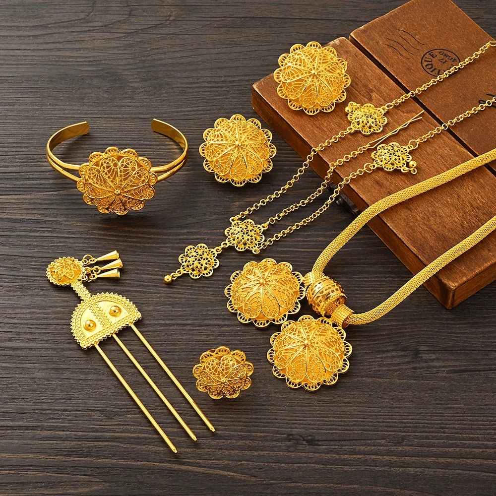 Luxury Golden Plated Bridal Jewelry Sets for Women Ethiopian Pendant Hairpin Necklace Earrings Bangle Ring Wedding Gift