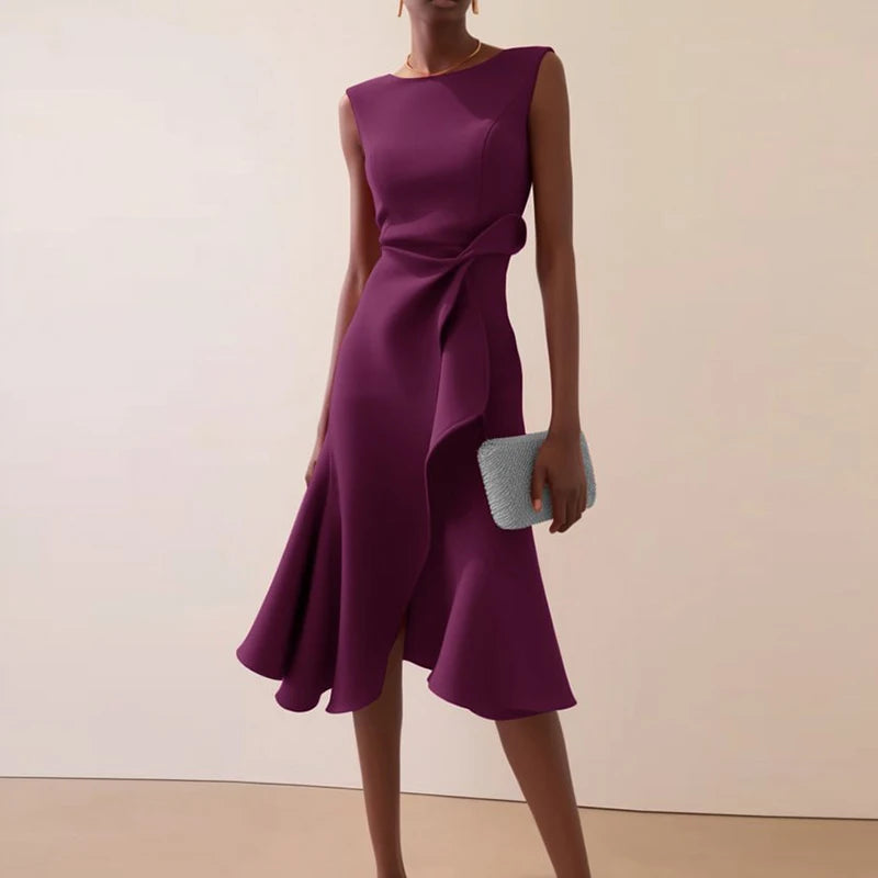 Sexy Women Elegant O Neck Solid Commute Knot Slim Ruffled Irregular Summer Sleeveless A-Line Hight Split Wedding Party Dresses