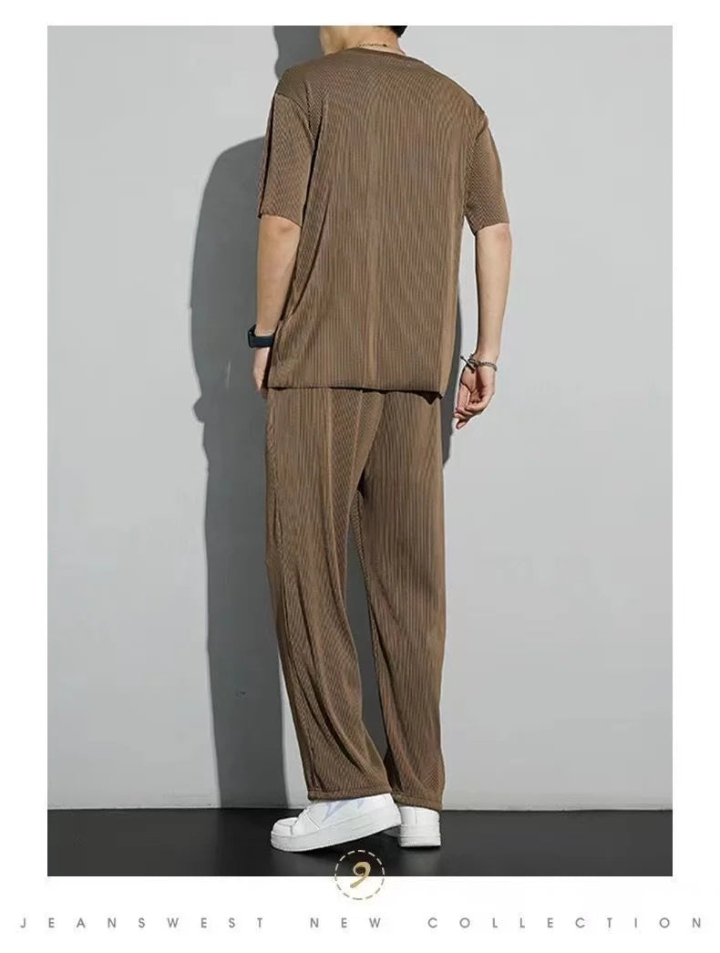 Men's Wrinkled Ice Silk Sports Set 2024 Summer New Short sleeved Long Pants Two piece Set Fashionable, Breathable, and Cool 3