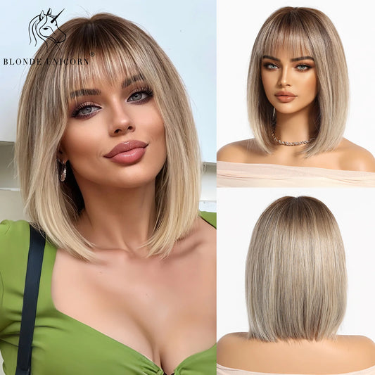Blonde Unicorn Short Bob Synthetic Wigs Ombre Dark Root to Blonde with Bang Natural Hair Colorful Women Wig Heat Resistant Fiber