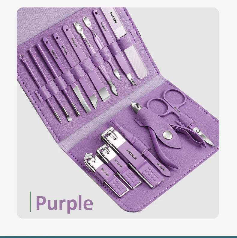 Professional Manicure Set 12/16 Pcs Full Function Kit Stainless Steel Pedicure Sets With Leather Portable Case Idea Gift