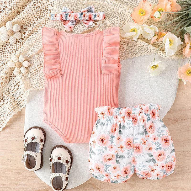 Baby Girl Summer Set Sleeveless Frill Trim Ribbed Romper Elastic Waist Shorts Bow Headband Infant Toddler 3 Piece Outfit