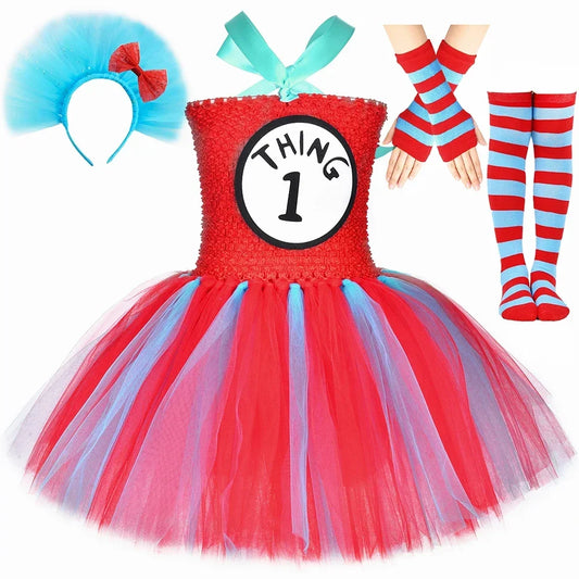 Halloween Thing 1 and Thing 2 Costumes Kids Blue Red Dr Seuss Tutu Dress Up Clothes Toddler Girls Birthday Party Princess Dress