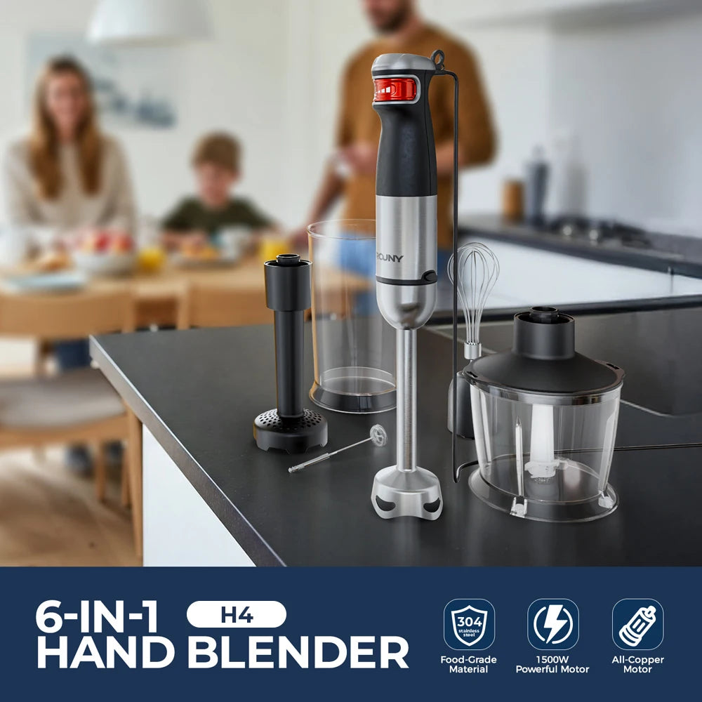 ROUNY 6-in-1 Multi-Purpose Immersion Hand Blender, Max 1500W Stick Blender with Stainless Steel Blades for Home and Kitchen
