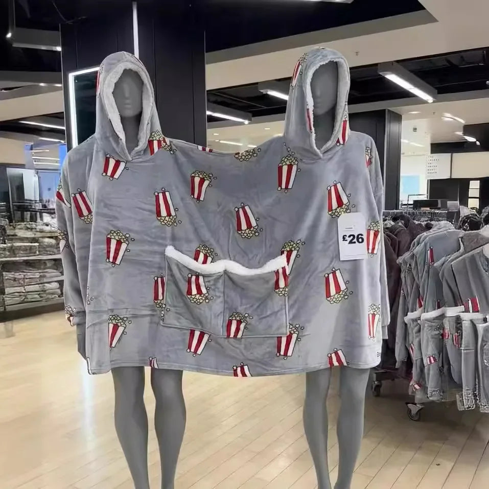 Creative Couple Matching Hooded Romper Sweatshirts Spring Summer New Style Close Knit Popcorn Print Intimate Pajamas