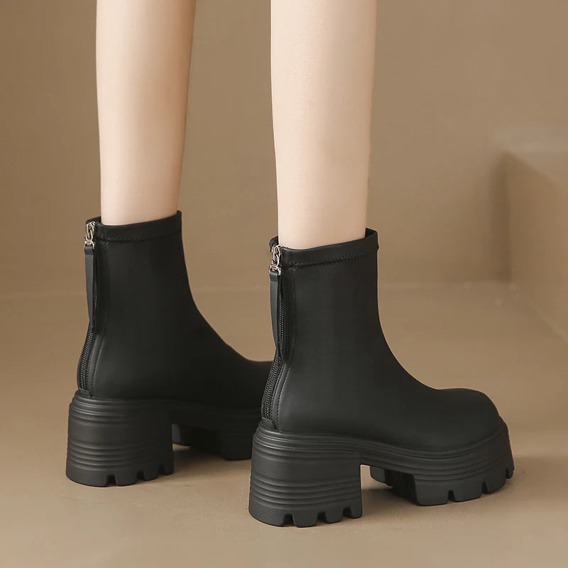 8CM Autumn Chunky Boots High Platform Leather Sneakers Women Round Toe Chelsea Boots British Style Thick Sole Female Ankle Shoes