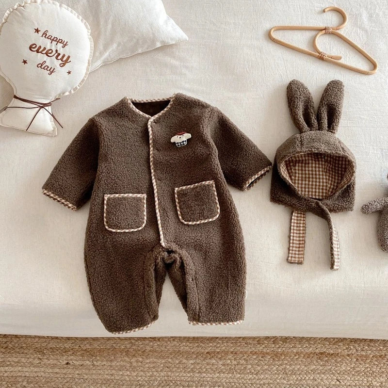 New Autumn Winter Baby Girl Boy Romper with Bunny Hat Cute Pocket Design Warm Infant Long Sleeve One-Piece Jumpsuit B5066