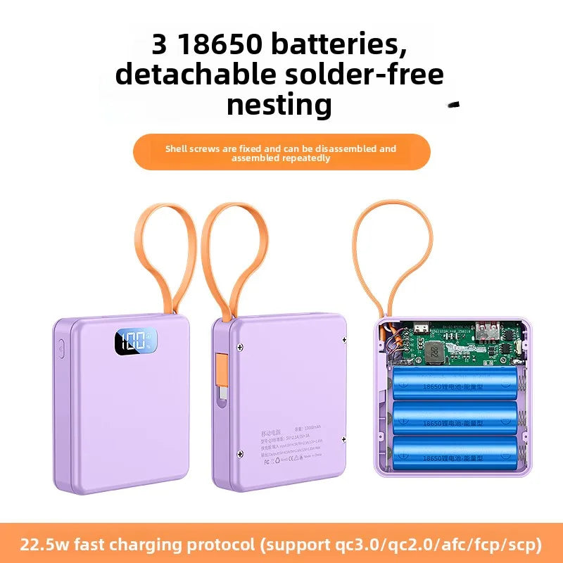 10W PD 22.5W Fast Charge Power Bank Case 3x18650 Solderless DIY Battery Box USB Type C PD3.0 QC4.0 Shell With Charging Cable