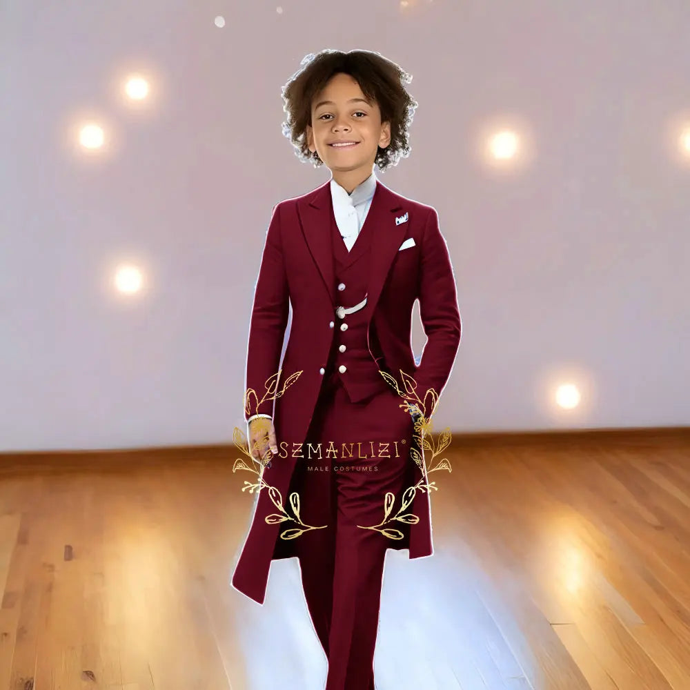 Children Formal Tuxedos Boys Suit Light Grey Long Jacket Vest Pants Sets for Piano Performance Birthday Party Costume Tailored
