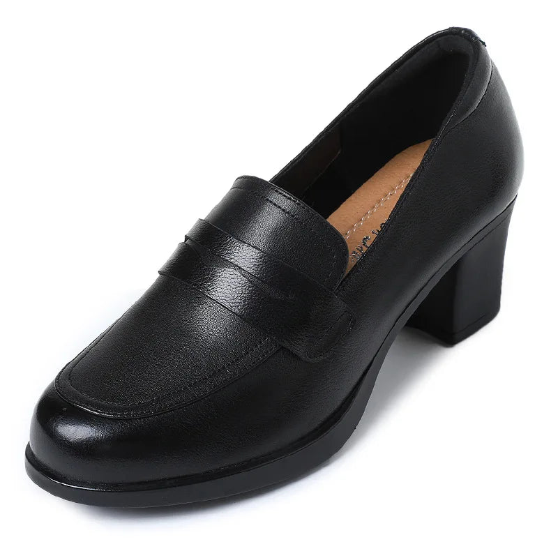 GKTINOO Pumps Women Genuine Cow Leather Round Toe Slip-On Loafers Med Heel Lady Shoes Handmade Women's Work Shoes