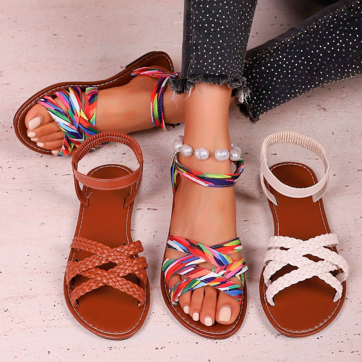 Shoes for Women 2025 Summer New Women Flat Sandals Bottom Roman Strap Sandals with Non Slip Rubber Soles Ladies Daily Sandalia
