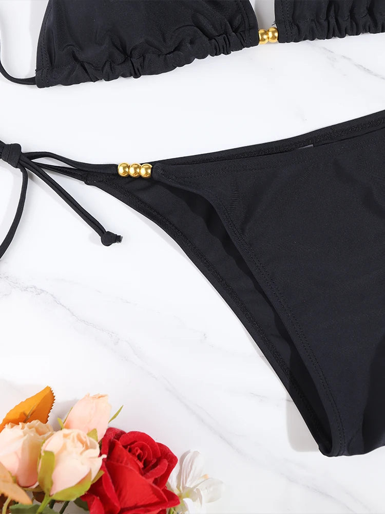 Sexy Triangle Bikini Sets Micro Thongs Swimsuit Women Bathing Suit  BeachwearSolid Color Swimwear Thong Bikini
