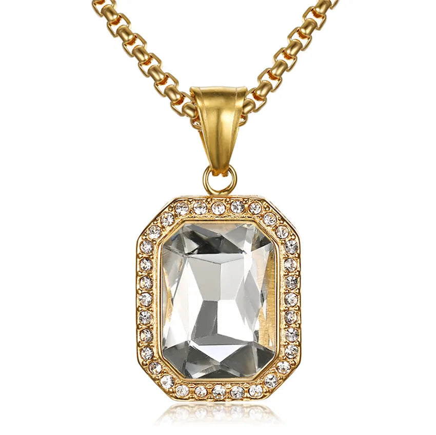 Hip Hop Iced Out Bling Square Pendant Gold Color Stainless Steel Rapper Party Necklace For Women Men Fashion Jewelry Gift 2025