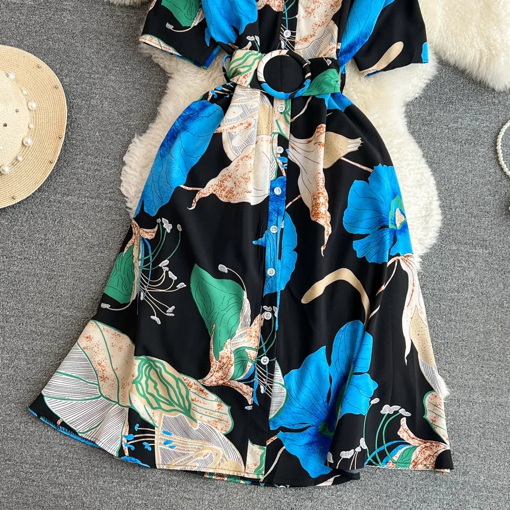 2024 New Summer Women Dress Fashion Print Floral A-line Shirt Dress with Belt Elegant Vintage Off Lady Dress Casual Vestidos