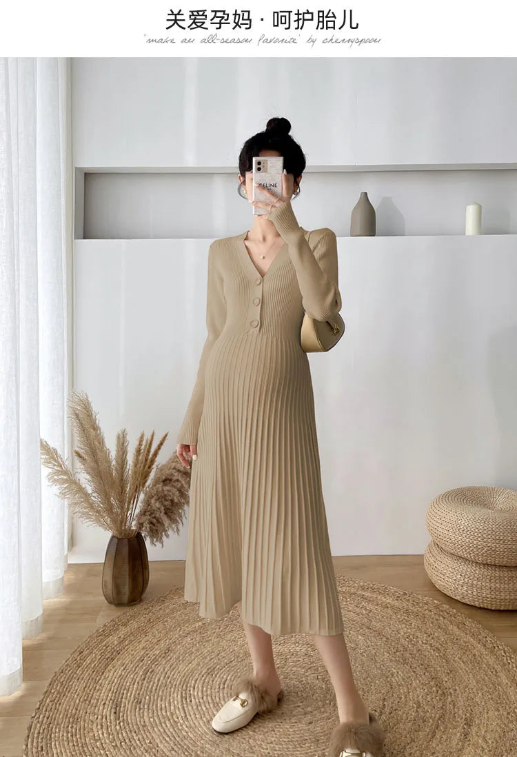 Autumn and Winter Maternity Clothing Long Sleeve V-Neck High Waist Button Fly Pregnancy Knitting Dresses Women Sweaters Knitwear