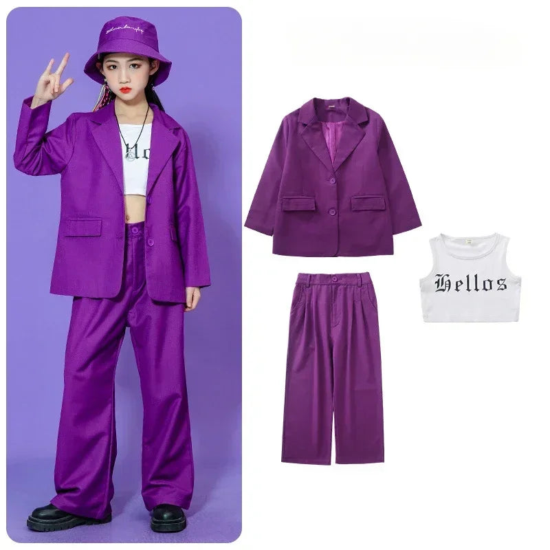 Kids Hip Hop Dance Costume Boys Girls Blazer Pants Set Streetwear Outfit for Stage Performance Competition Jazz Dance Photoshoot