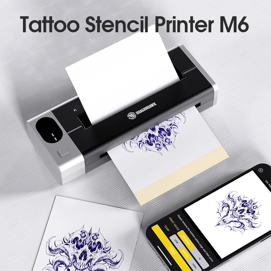Dragonhawk Tattoo Kit Full Set with Bluetooth Thermal Tattoo Transfer Printer Wireless RCA Battery Rotary Pen for Beginners