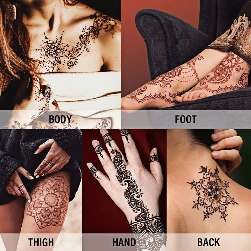 SUANGL Temporary Henna Tattoo Kit 3 Colors Black Brown Red with Stencils for Beginners Professionals Party Gift Set