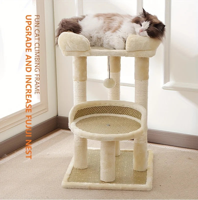 2-Tier Luxury Cat Tree with Sisal Scratching Posts, Multi-Level Cat Tower with Plush Perches & Hanging Toys, Durable Activity