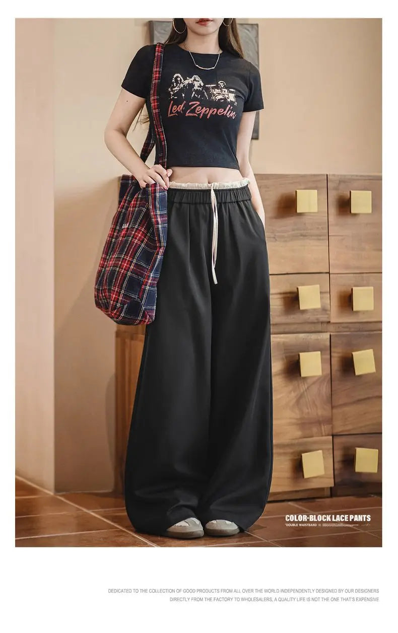 Maden Women's Wide Leg Patchwork Pants Black Elastic Waist with Drawstring Trousers Breathable Office Dress Pants for Summer