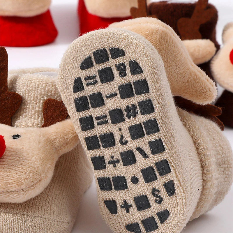 2 Pairs Kids Cotton Socks for Girls Boys Non-slip Toddler Baby Christmas Socks for Newborn Winter Warm New Year Infant Socks