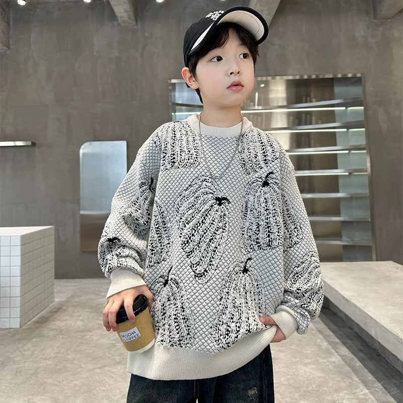 Children Halloween Pumpkin Sweater For Boys Fancy Knitted Outfit Clothing Kids Elegant Pullover Knitwear For Teenagers Age 5-14T