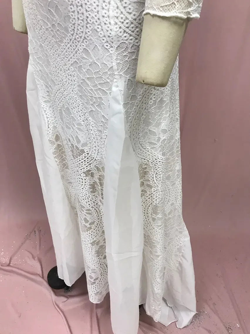 2025 Spring New Women's Celebrity Banquet Wedding Dress Crew Neck Long Sleeve Printed Halter Lace Dress