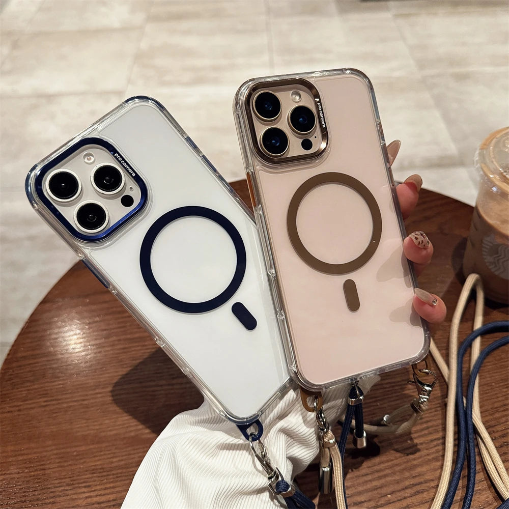 Crossbody Lanyard Necklace Transparent Magnetic For Magsafe Case for iPhone 17 15 11 12 13 14 16 Pro Max Plus Anti-lost Cover